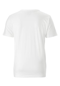 White cotton t-shirt with short sleeves, crew neck, and smooth texture. Simple design, no patterns or logos. Back view only.