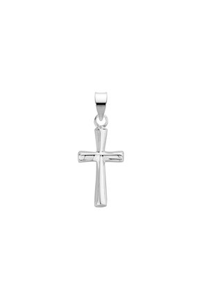 Silver cross pendant with a polished finish, featuring a simple, symmetrical design and a loop for attachment. Lightweight and sleek.