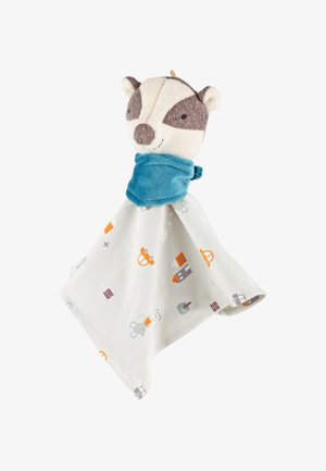 Soft, plush toy with a badger head and a turquoise scarf. It features a patterned white blanket with colorful, playful designs.