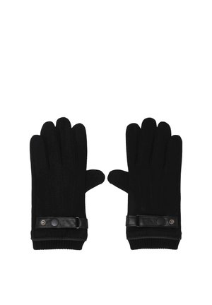 Pair of black winter gloves with ribbed cuffs and leather strap with button detail on each wrist, laid flat with palms down.