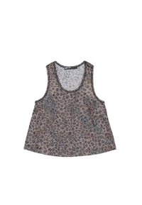 Varrukateta tank top leopardimustriga pruunide ja hallide tooni, ümar kaelus ja voolav disain.