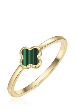 Gouden ring met een steen in de vorm van een groene klavertjevier, gezet in een gladde rand, gefotografeerd op een witte achtergrond.