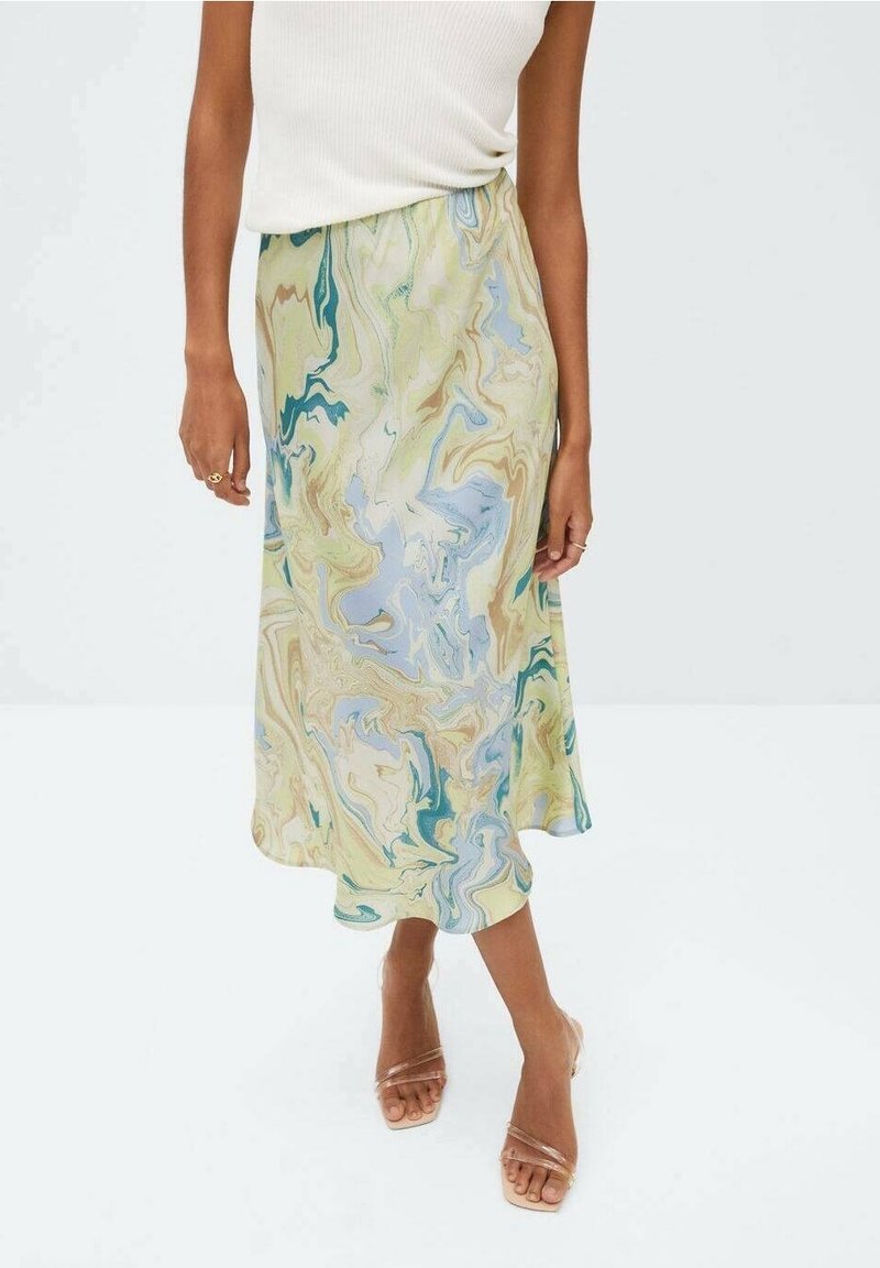 Volná midi sukně s točivým mramorovým vzorem v jemně zelené, béžové a modré barvě; elastický pas; hedvábná textura.