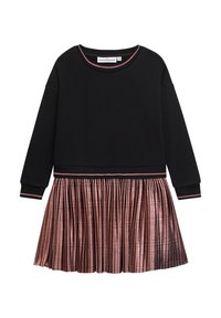 Schwarzes langärmliges Kleid mit tailliertem Oberteil und einem gefalteten Rock aus roségoldfarbenem Metall, ausgestattet mit einem gerippten Ausschnitt und Säumen mit kontrastierendem Besatz.