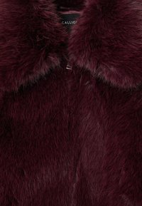 Manteau en fausse fourrure bordeaux avec un large col, une texture douce et un détail de fixation unique près du cou, doublé d'une intérieur lisse.