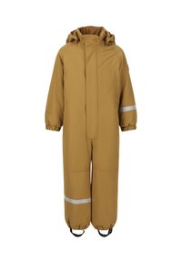 Brauner wasserdichter Overall mit Kapuze, elastischen Bündchen und reflektierenden Streifen an Armen und Beinen. Hergestellt aus strapazierfähigem, glattem Material.