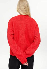 Pullover rosso lavorato a maglia con un motivo a costine testurizzato, maniche lunghe e vestibilità rilassata. La vista posteriore mostra un colletto arrotondato e spacchi laterali.