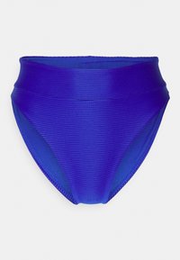 Parte de baixo de bikini de cintura alta em azul profundo com textura ribbed horizontal. Bordas suaves e cintura elástica para conforto e ajuste.