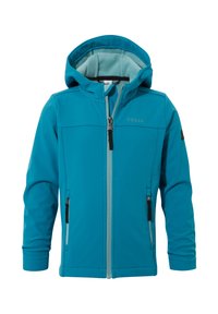 Turquoise softshell jacket with a hood, front zipper, and two zippered pockets. Smooth, lightweight material with a contrasting interior.