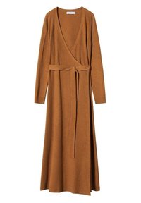 Robe enveloppante longue de couleur rouille en tissu côtelé. Dotée de manches longues, d'un décolleté en V profond et d'une ceinture nouée à la taille.