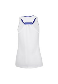 Hvid sleeveless atletisk tanktop med en blå detalje ved udskæringen og et unikt racerback-design sikret med et blåt bånd.