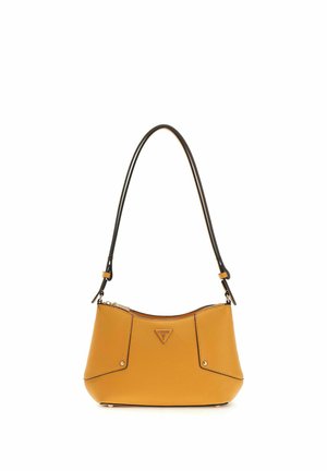 Sac à bandoulière en cuir jaune moutarde avec longue sangle noire, plaque logo triangulaire à l'avant et fermeture supérieure zippée.