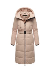 Padded, long coat in light pink with a cinched waist and large hood. Features a front zipper, side pockets, and black accents.