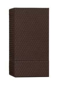 Braune strukturierte Aufbewahrungsbox mit glatter Oberfläche und kreisförmigen Mustern. Rechteckige Form, kompaktes Design mit ausgerichteten, vertikalen Segmenten.