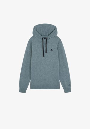 Jasnoszara bluza z kapturem wykonana z miękkiego materiału, wyposażona w regulowany kaptur ze sznurkiem, ściągacze na rękawach oraz małe czarne logo czaszki na piersi.