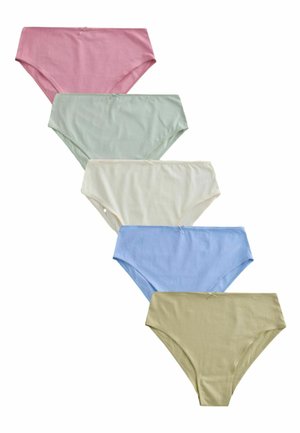 Cinq culottes en coton pour femmes en rose, vert clair, crème, bleu et beige, chacune avec un petit nœud à l’avant.