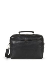 Sort læder laptop taske med dobbelte top håndtag, en aftagelig skulderrem og en frontlomme med lynlås. Glat tekstur med diskret branding.