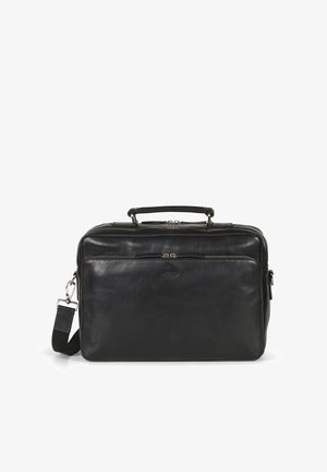Musta nahkainen työpussi, jossa on kaksinkertaiset pääkahvat, irrotettava olkahihna ja etuzeppi. Sujuva pinta hienovaraisella brändäyksellä.