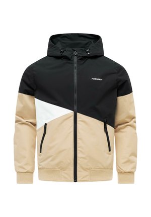 Veste à capuche pour hommes avec des blocs de couleur noir, beige et blanc, fermeture éclair à l'avant, poches latérales zippées et cordons ajustables à la capuche.