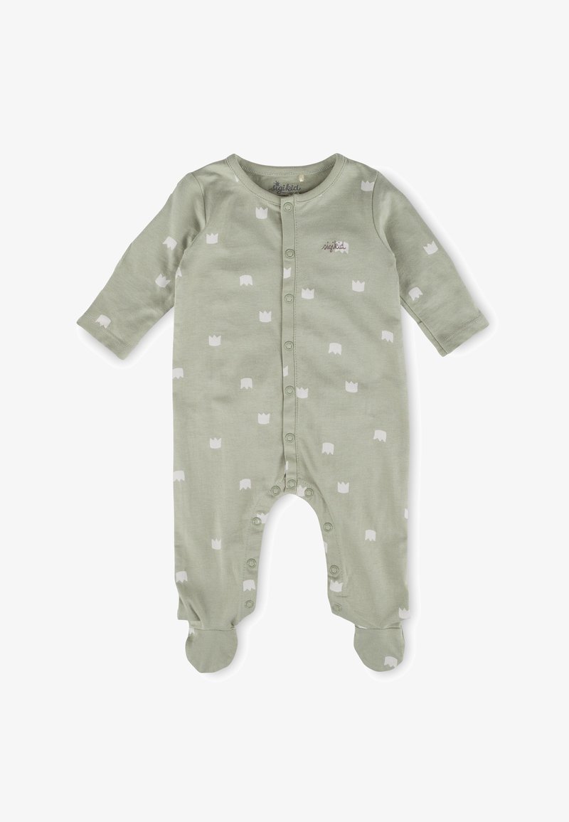 Tutina a maniche lunghe in cotone verde chiaro, con piccoli motivi a corona bianca, chiusura frontale con bottoni a pressione e design con piedini.