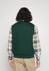 Grön ärmlös väst i mjukt material, bärs över en ljusgrå och vit rutig långärmad skjorta. Synliga skjortärmar och knappar.