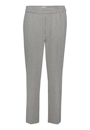 Schmal geschnittene Damenhose mit schwarz-weißem kleinem Hahnentritt-Muster, mittlerer Bundhöhe und geraden Beinen.