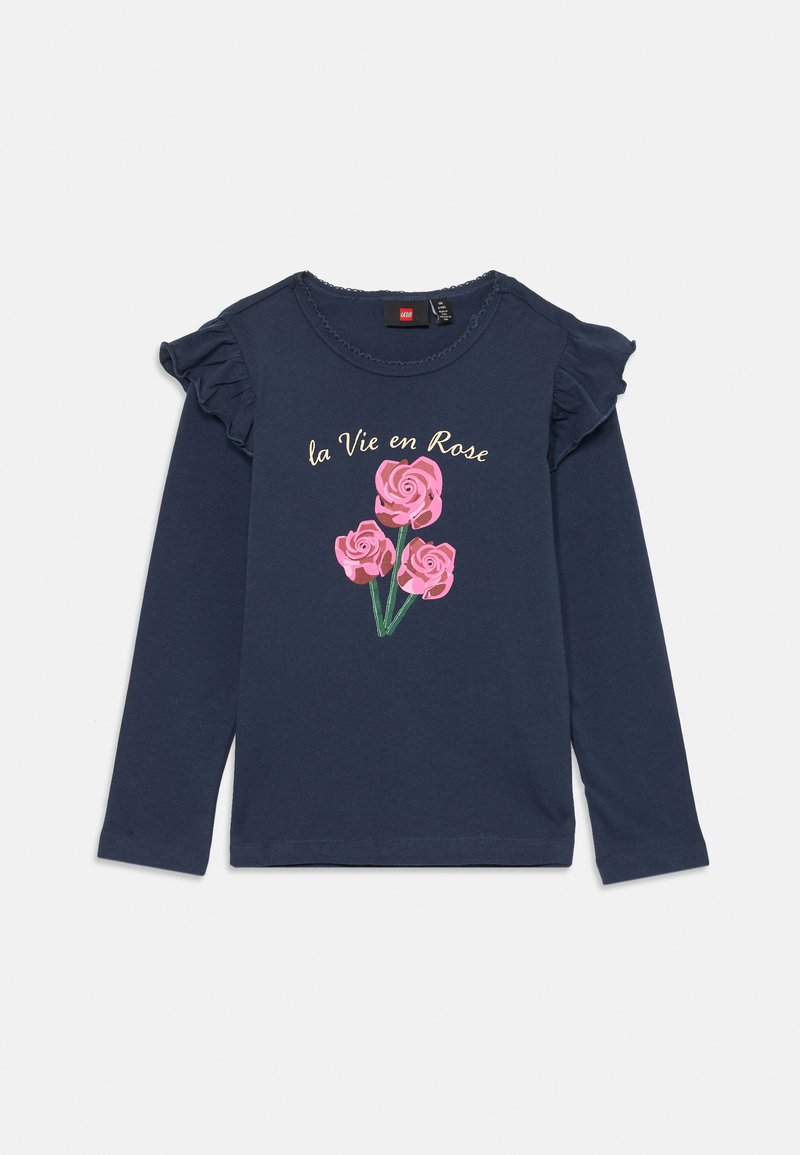 Marineblaue Langarm-T-Shirt mit gerafften Schultern, ausgestattet mit einem pinken Rosenmotiv und dem Text "la Vie en Rose" in heller Schrift. Aus Baumwollmischung.