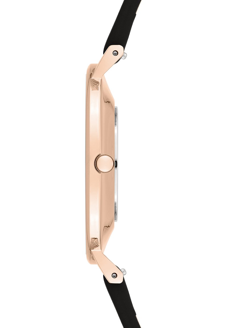 Roségoldene Uhr mit einem glatten Gehäuse, runder Form und einem schwarzen Armband. Verfügt über eine Krone auf der Position 3 Uhr zur Zeiteinstellung.