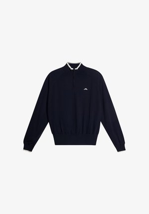 Marineblauer Pullover mit halbem Reißverschluss am Kragen, weißen Akzenten am Hals und an den Bündchen, elastischem Saum und kleinem Logo auf der Brust.