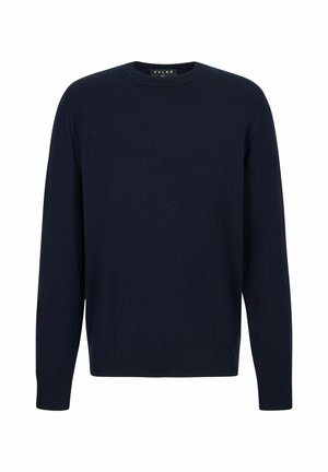 Granatowy sweter z okrągłym dekoltem wykonany z teksturowanej dzianiny, z długimi rękawami oraz ściągaczami przy mankietach i pasie, zapewniający dopasowane wykończenie.