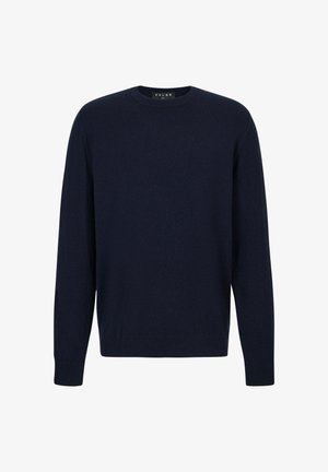 Marineblauwe trui met ronde hals, gemaakt van getextureerde gebreide stof, met lange mouwen en geribde boorden en taille voor een aansluitende pasvorm.