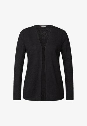 Cardigan nero realizzato in morbido tessuto a maglia, con scollatura a V, design aperto davanti, maniche lunghe e una texture liscia.