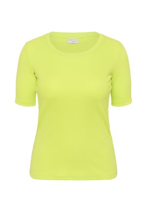 T-shirt féminin ajusté à manches courtes, vert citron, avec col rond, présenté sur un fond blanc uni.