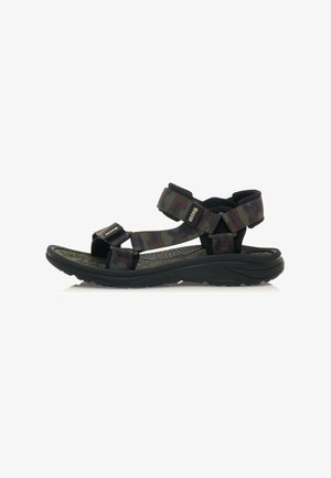 Sandalias de camuflaje en negro y verde con correas ajustables, plantilla acolchada y suela de goma texturizada para agarre y comodidad.