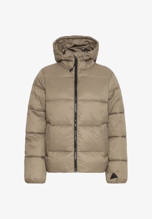 Puhasta jakna v khaki barvi. Ima kapuco, sprednji zip in mat zaključek. Oblikovana je s podloženjem in triangularnim logotipom na rokavu.