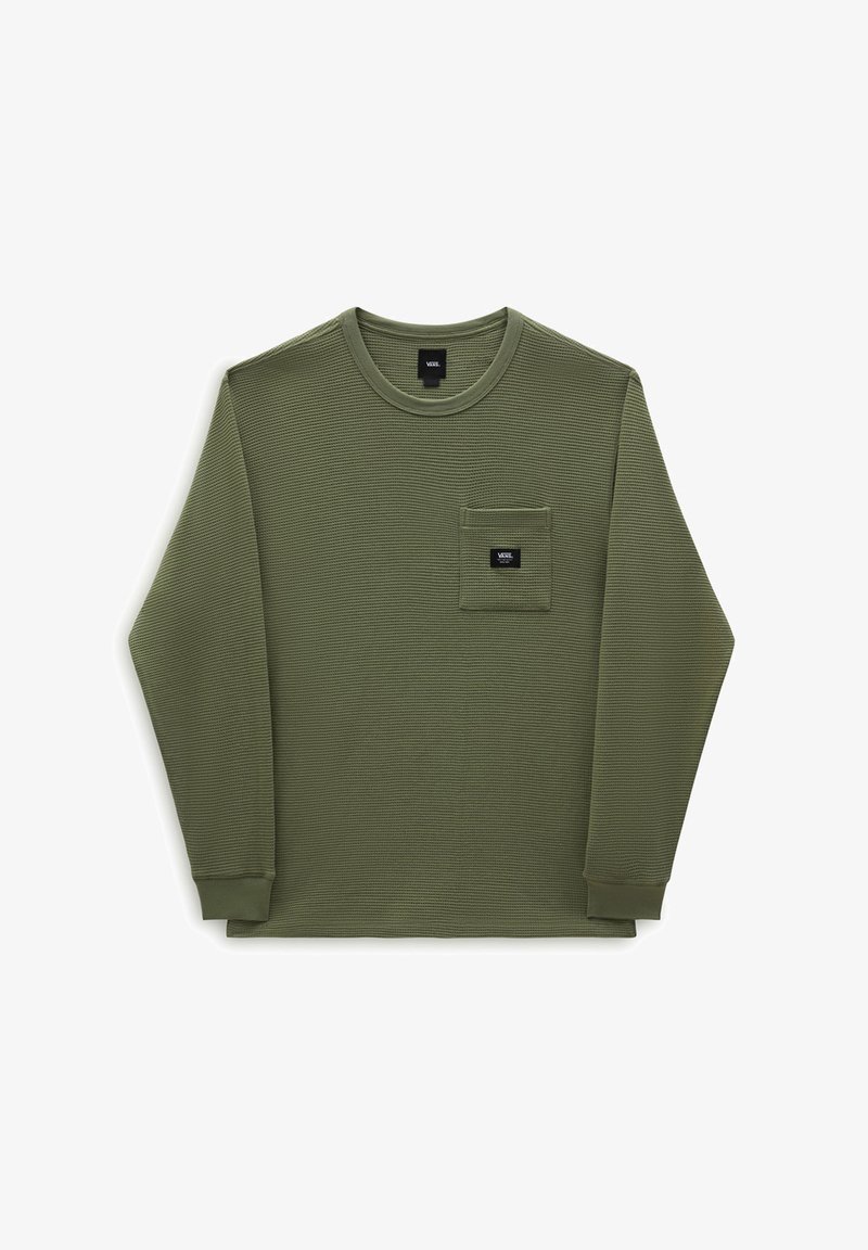 Maglietta a maniche lunghe in maglia waffle verde oliva con collo a giro e taschino sul petto, caratterizzata da una piccola toppa con logo Vans.