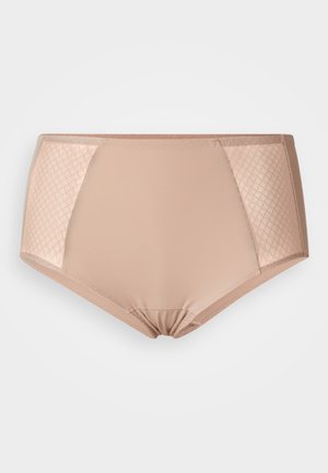 High-waisted bikini bottom in light nude, featuring smooth fabric with textured side panels that have a diamond pattern.