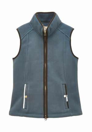 Blaues ärmelloses Fleeceweste mit hohem Kragen, durchgehendem Frontreißverschluss und zwei Seitentaschen mit Knopfverschluss sowie dunklen Zierakzenten.