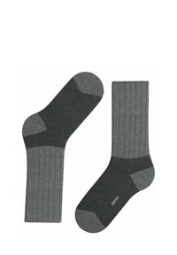 Graue, gerippte Socken mit kontrastierendem, dunkelgrauem Zehen- und Fersenbereich. Aus einem weichen, dehnbaren Material gefertigt. Markenlogo an der Seite sichtbar.