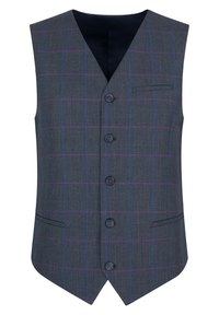 Szary kamizelka w kratkę w purpurowym i niebieskim kolorze, z dekoltem w serek, sześcioma guzikami i dwoma kieszeniami bocznymi. Wykonana z teksturowanej tkaniny.