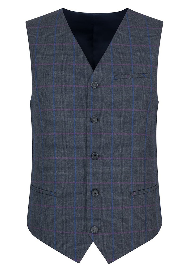 Szary kamizelka w kratkę w purpurowym i niebieskim kolorze, z dekoltem w serek, sześcioma guzikami i dwoma kieszeniami bocznymi. Wykonana z teksturowanej tkaniny.