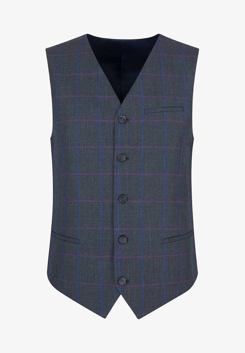 Szary kamizelka w kratkę w purpurowym i niebieskim kolorze, z dekoltem w serek, sześcioma guzikami i dwoma kieszeniami bocznymi. Wykonana z teksturowanej tkaniny.
