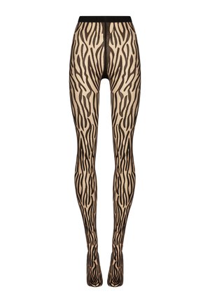 Svart och tan-mönstrade leggings med zebrarandig design. Tillverkade av genomskinligt material med svart midja och en slät textur.
