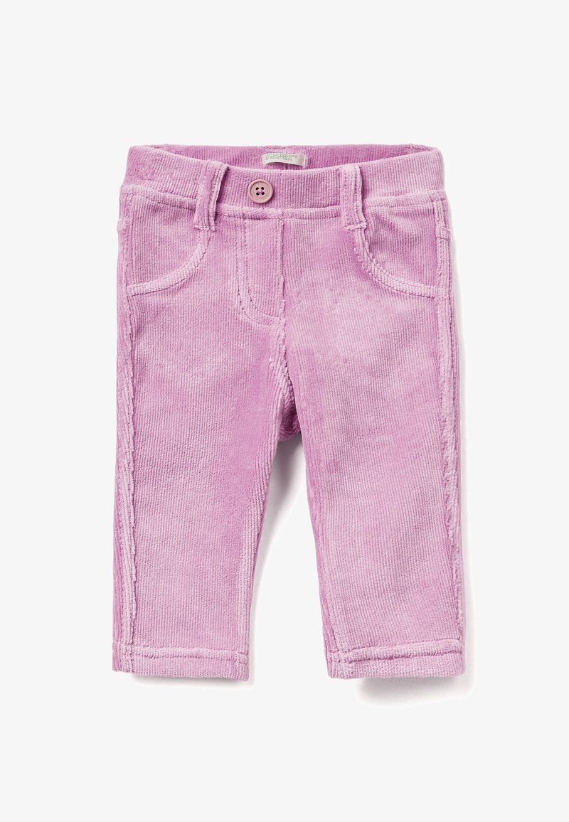 Roze corduroy broek met een gladde textuur, voorzien van twee voorkruiken, riemlussen en een enkele knoopsluiting bij de taille.