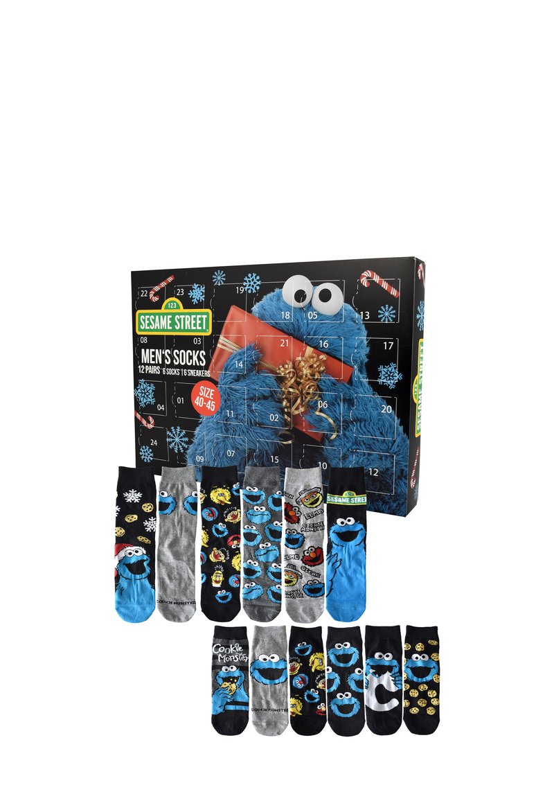 Set di 12 calzini da uomo a tema cartone animato caratterizzati da vari design, principalmente in blu, nero e grigio, con il Cookie Monster e motivi festivi.