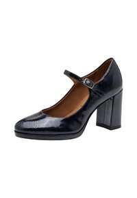 Zapatos Mary Jane de charol azul marino con punta redonda, correa ajustable y tacón grueso. Textura suave con un diseño minimalista.