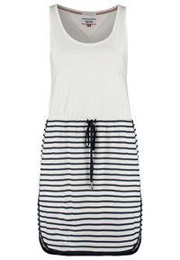 Robe blanche sans manches avec encolure ronde, rayures horizontales bleu marine sur la jupe et cordon de serrage bleu marine à la taille.