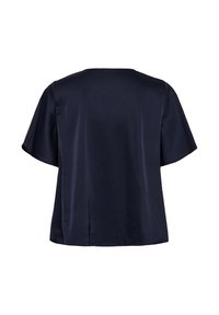 Blouse bleu marine à manches courtes avec une texture satinée lisse et une coupe simple et ample, vue de dos sur fond blanc.