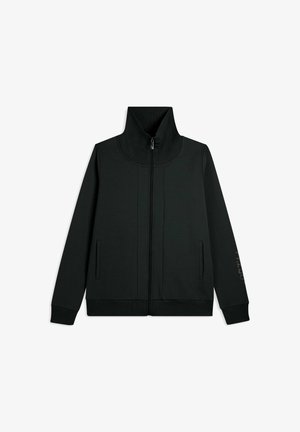 Veste zippée noire avec col montant, manches longues, deux poches latérales et tissu texturé. Présente un détail de design subtil le long de la manche.