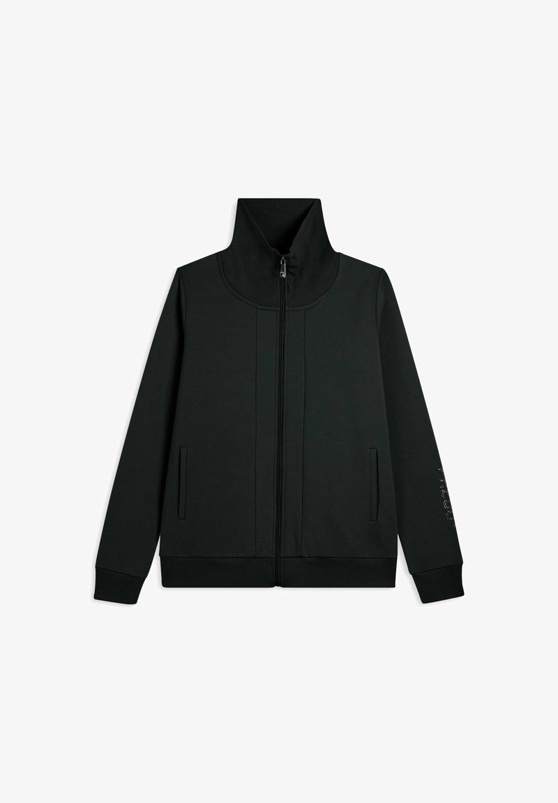 Giacca nera con zip, colletto alto, maniche lunghe, due tasche laterali e tessuto texturizzato. Presenta un dettaglio di design sottile lungo la manica.